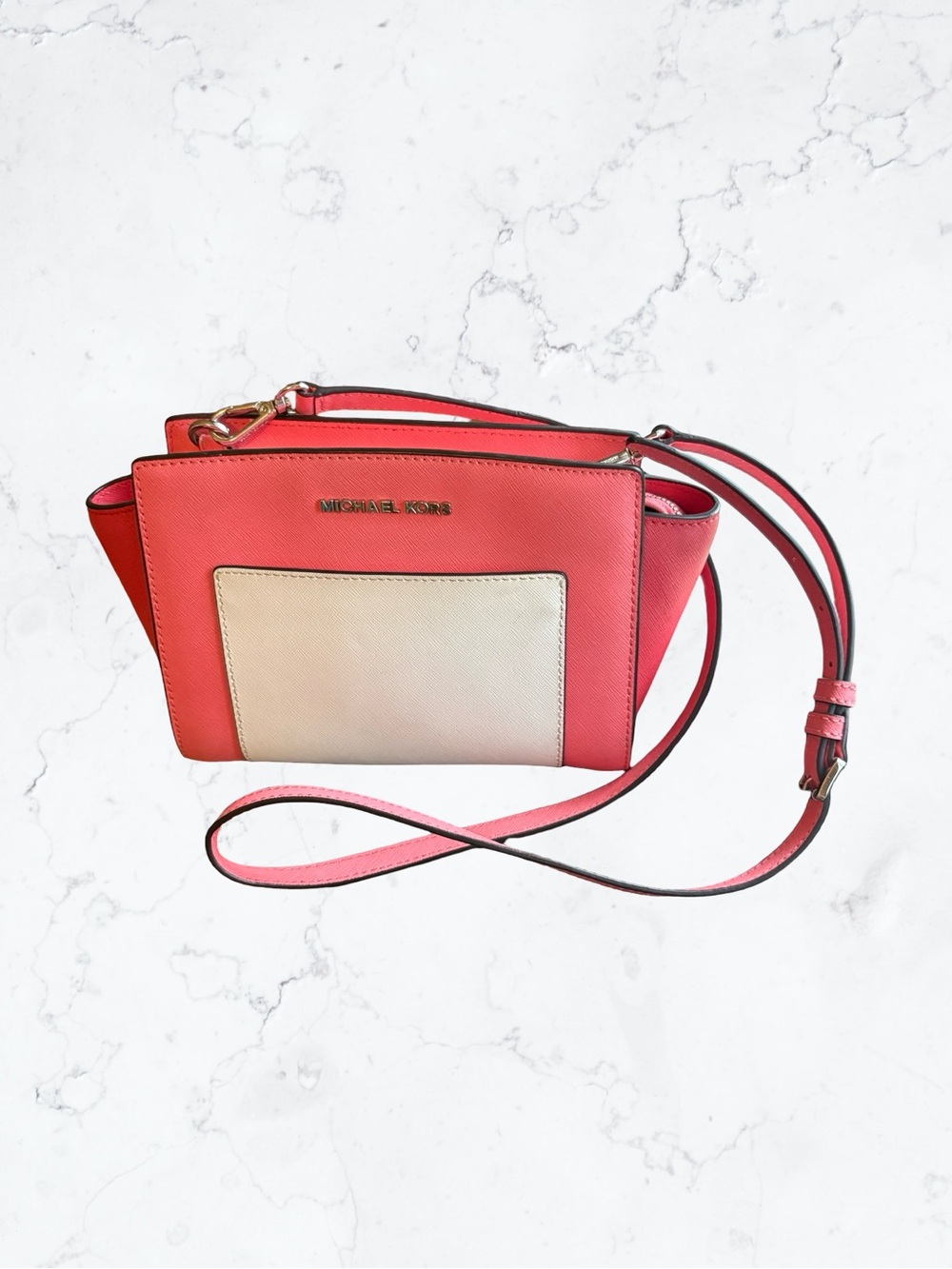 MICHAEL KORS Coral and Cream Saffiano Leather Crossbody